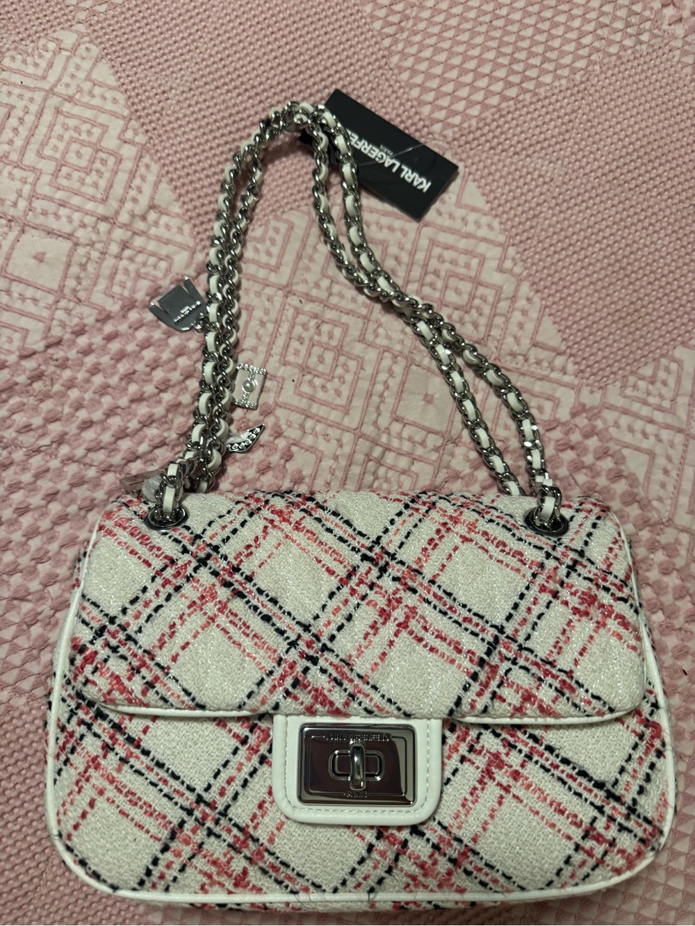 KARL LAGERFELD PARISAgyness Tweed Turnlock Flap Shoulder Bag, W/charms NWT
